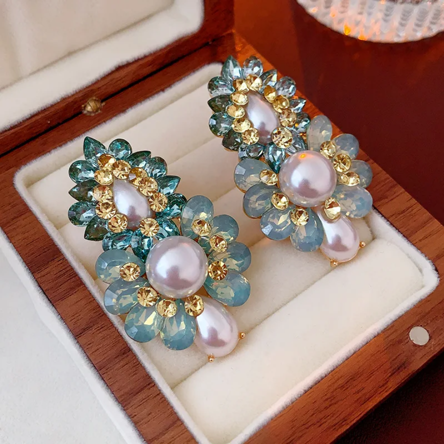 Opulent Pearl & Crystal Cluster Statement Earrings