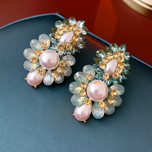 Opulent Pearl & Crystal Cluster Statement Earrings