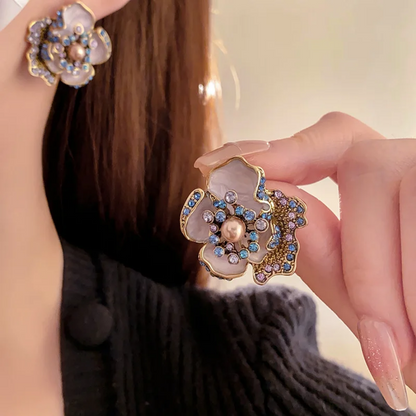 Azure Bloom Enamel Flower Pearl & Crystal Earrings
