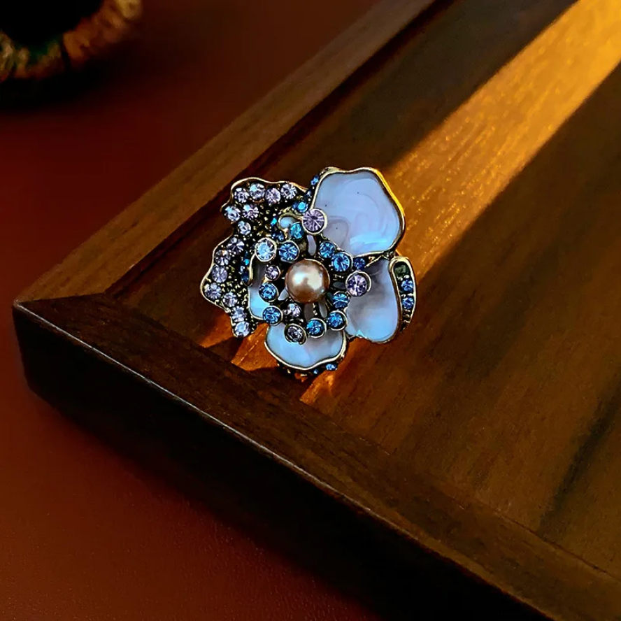 Azure Bloom Enamel Flower Pearl & Crystal Earrings