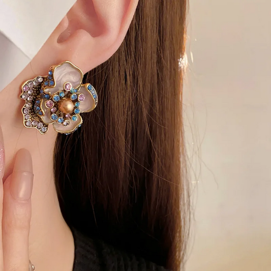 Azure Bloom Enamel Flower Pearl & Crystal Earrings