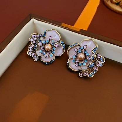 Azure Bloom Enamel Flower Pearl & Crystal Earrings