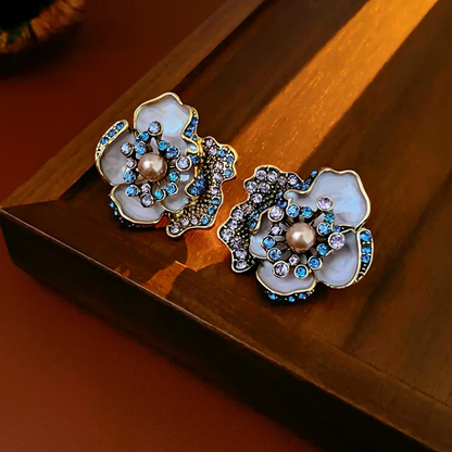 Azure Bloom Enamel Flower Pearl & Crystal Earrings