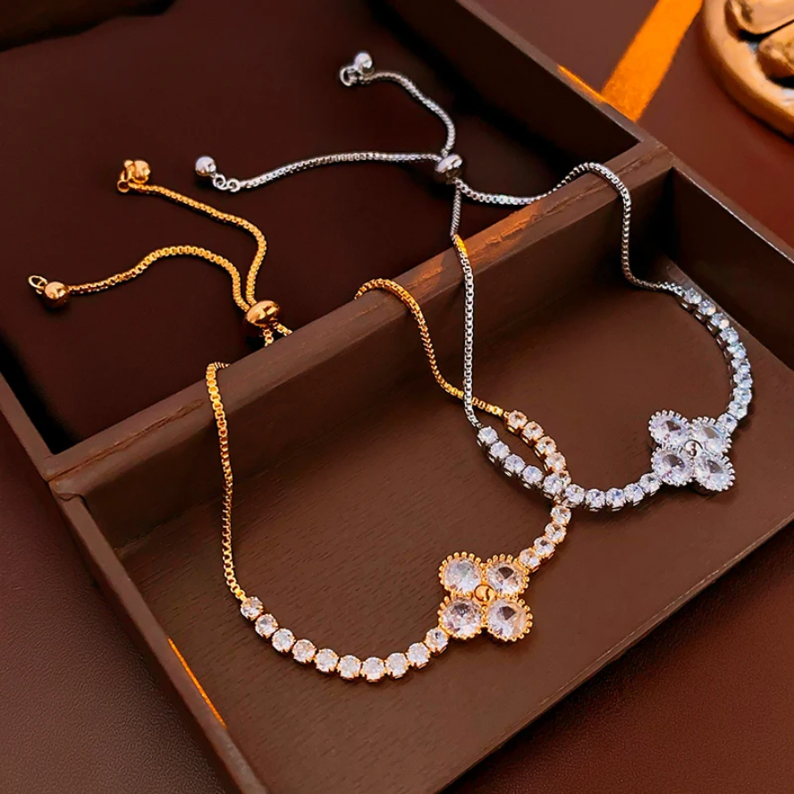 Lucky Clover Crystal Adjustable Slider Bracelet 2 Pieces