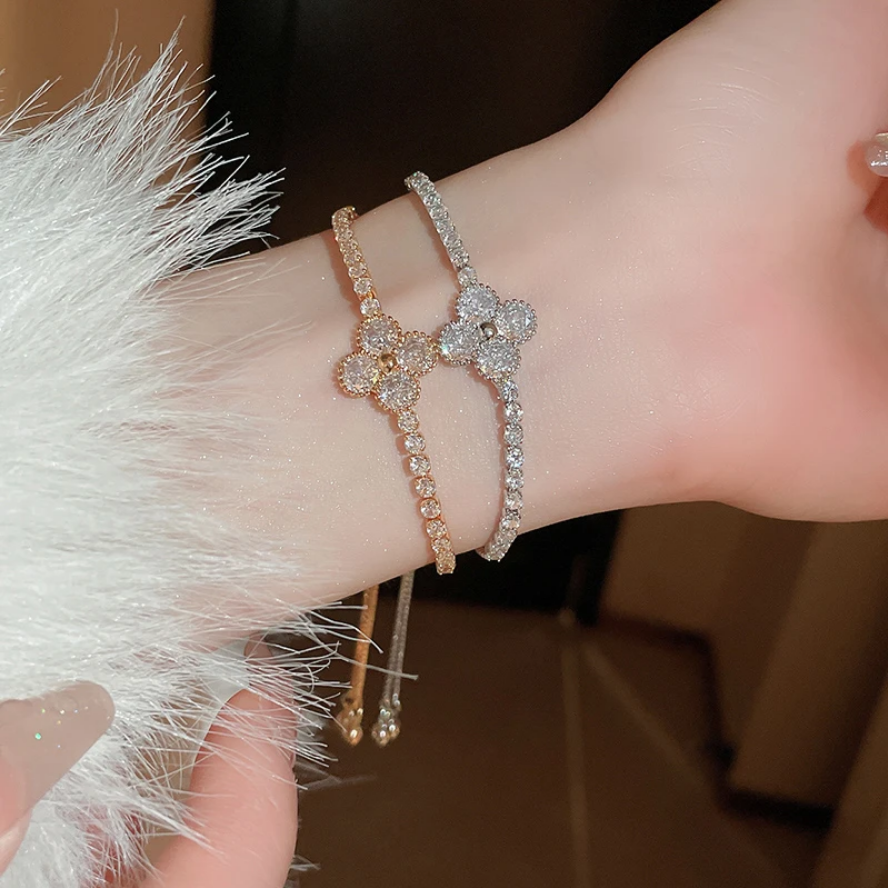 Lucky Clover Crystal Adjustable Slider Bracelet 2 Pieces