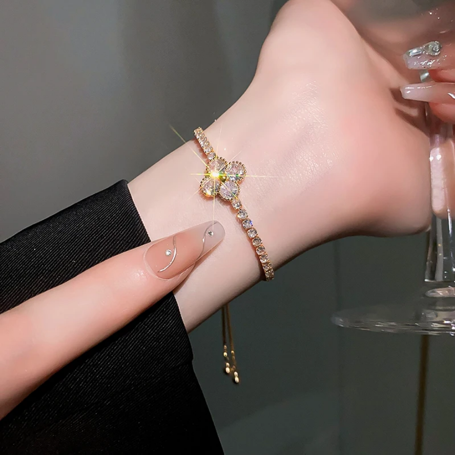 Lucky Clover Crystal Adjustable Slider Bracelet 2 Pieces