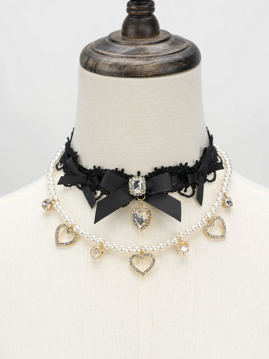 Victorian Romance Lace & Pearl Heart Charm Necklace Set