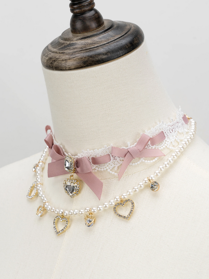Victorian Romance Lace & Pearl Heart Charm Necklace Set