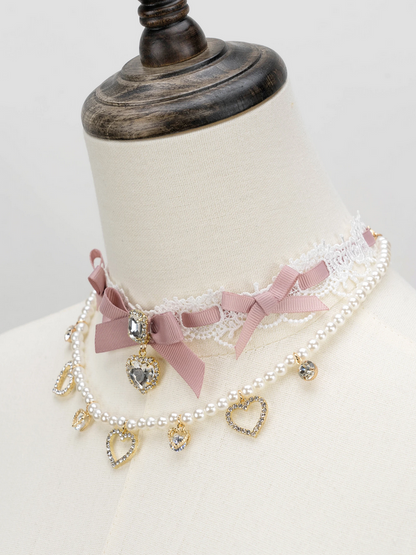 Victorian Romance Lace & Pearl Heart Charm Necklace Set