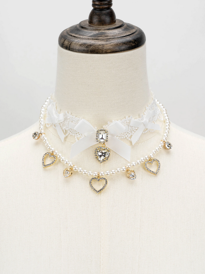 Victorian Romance Lace & Pearl Heart Charm Necklace Set