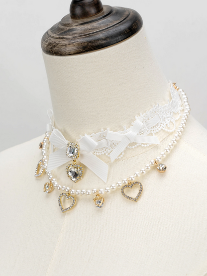 Victorian Romance Lace & Pearl Heart Charm Necklace Set