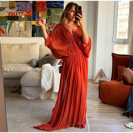 Women’s Orange Long Dress Pleated V-Neck with Batwing Sleeves