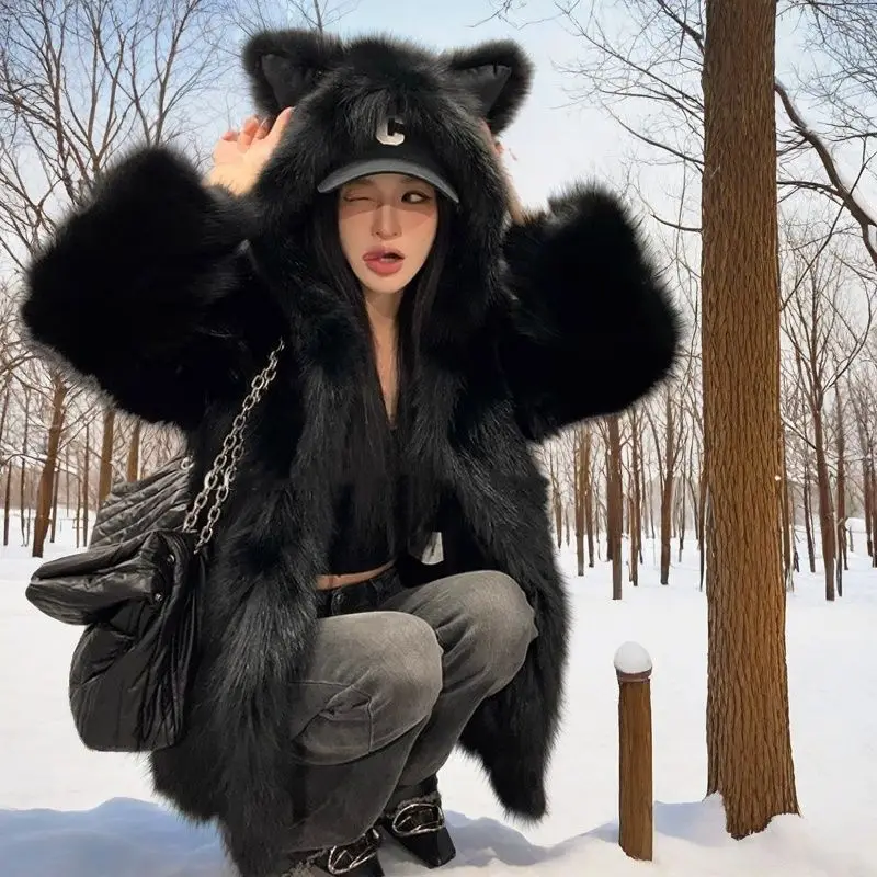 Winter Faux Fur Coat for Women Cute Cat Ear Hooded Jacket