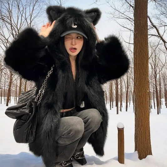 Winter Faux Fur Coat for Women Cute Cat Ear Hooded Jacket