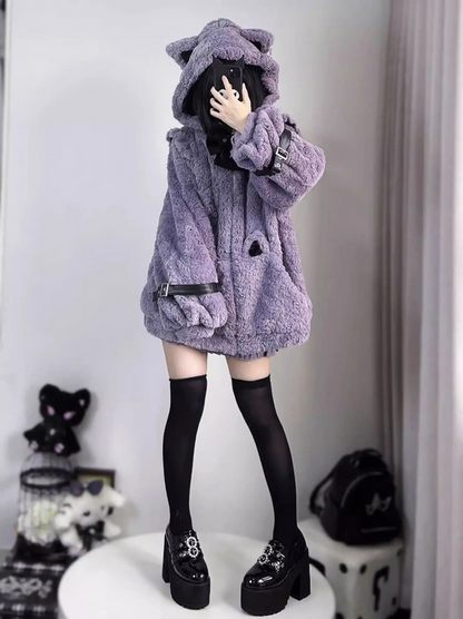 Japanese Kawaii Cat Ears Jacket  Oversized Furry Hooded Warm Coat