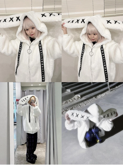 Winter Thick Warm Fluffy Hoodie – Soft White Faux Fur Bunny Ear Coat