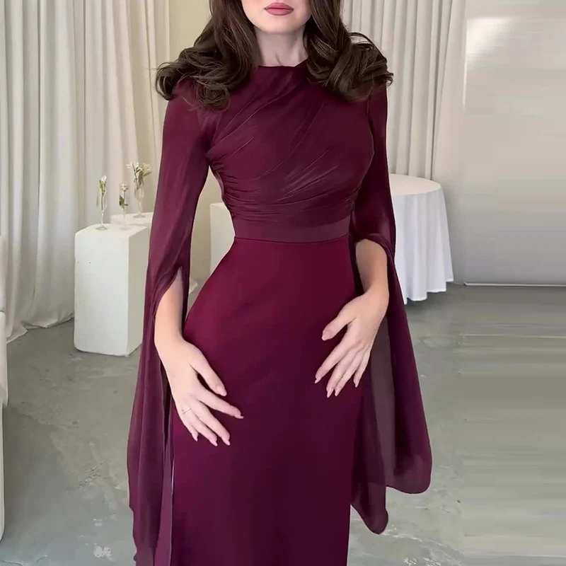 Ladies Satin Formal Dress Batwing Sleeve Slim Fit Evening Gown