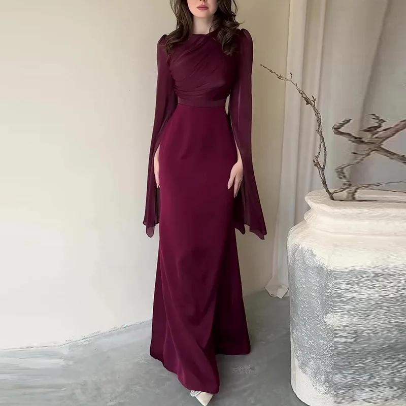 Ladies Satin Formal Dress Batwing Sleeve Slim Fit Evening Gown