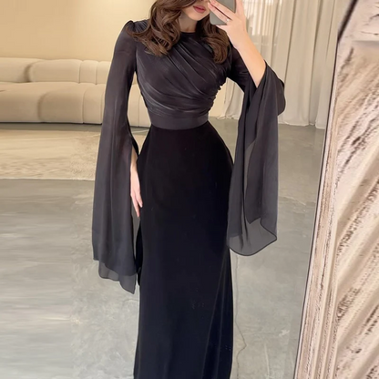Ladies Satin Formal Dress Batwing Sleeve Slim Fit Evening Gown