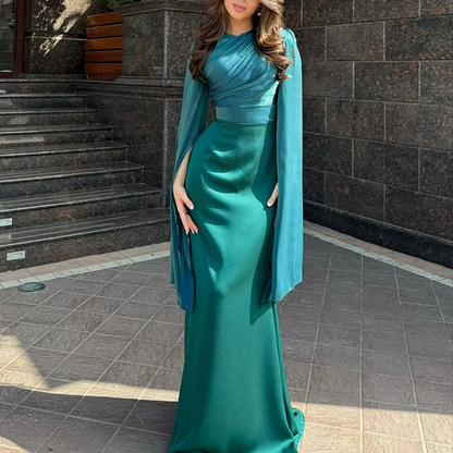 Ladies Satin Formal Dress Batwing Sleeve Slim Fit Evening Gown