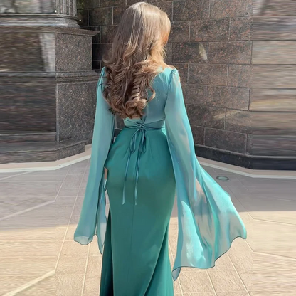 Ladies Satin Formal Dress Batwing Sleeve Slim Fit Evening Gown