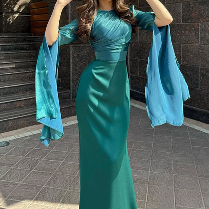 Ladies Satin Formal Dress Batwing Sleeve Slim Fit Evening Gown