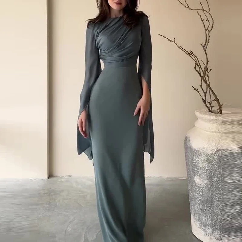 Ladies Satin Formal Dress Batwing Sleeve Slim Fit Evening Gown