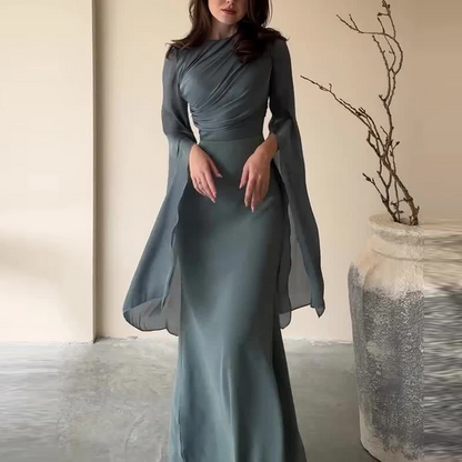 Ladies Satin Formal Dress Batwing Sleeve Slim Fit Evening Gown