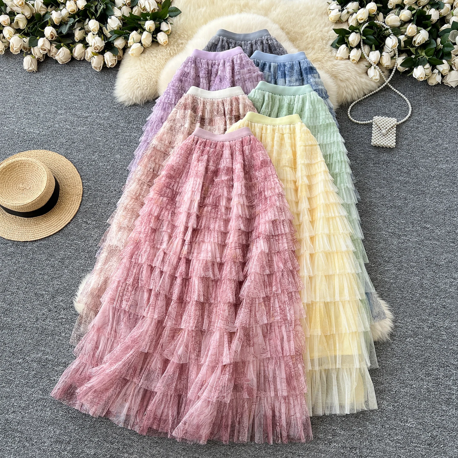 Fairycore Summer High Waist Elegant Layered Mesh Skirt