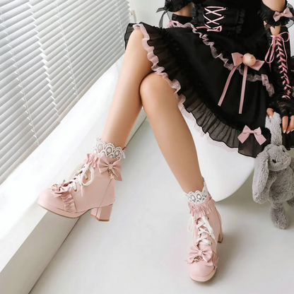Cute Bow Chunky Heel Ankle Boots