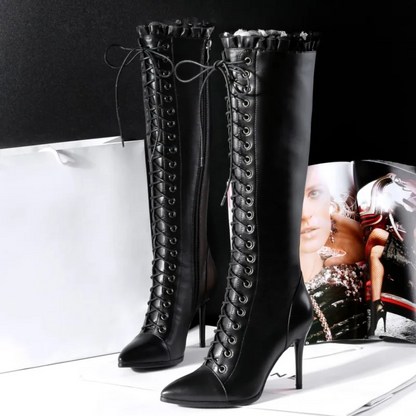 Genuine Leather Women’s Knee High Boots Elegant Lace-Up Winter Shoes in Black