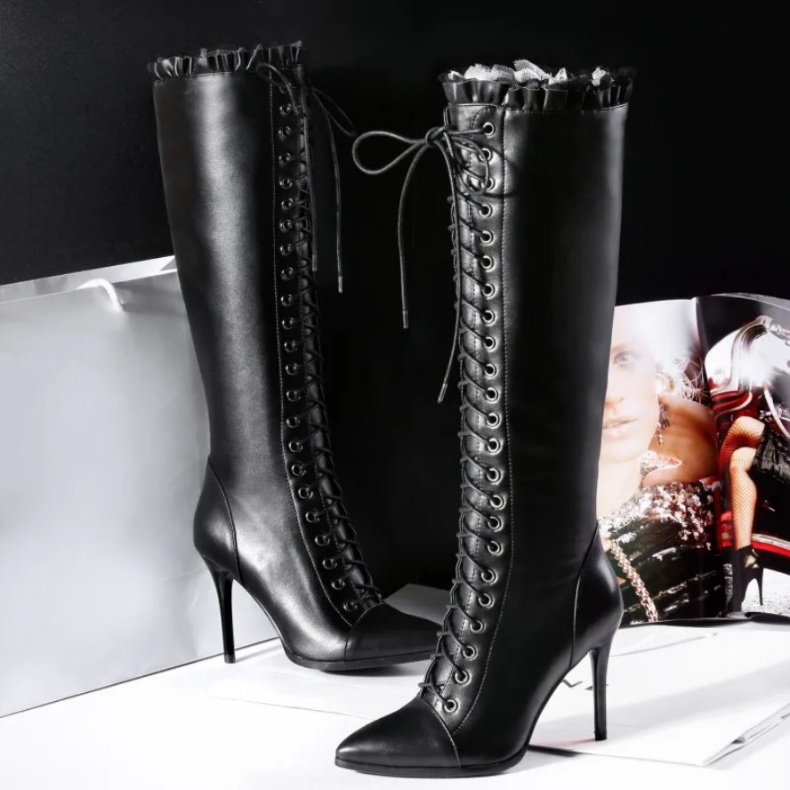 Genuine Leather Women’s Knee High Boots Elegant Lace-Up Winter Shoes in Black