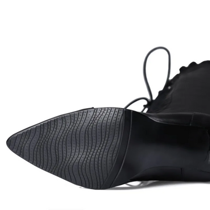 Genuine Leather Women’s Knee High Boots Elegant Lace-Up Winter Shoes in Black