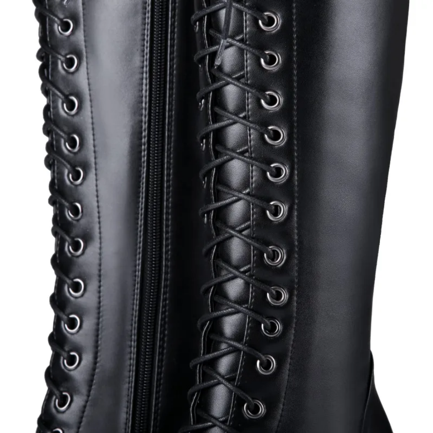 Genuine Leather Women’s Knee High Boots Elegant Lace-Up Winter Shoes in Black
