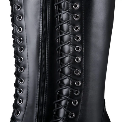 Genuine Leather Women’s Knee High Boots Elegant Lace-Up Winter Shoes in Black