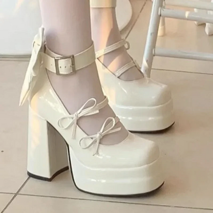 Retro Mary Jane Platform Shoes  Elegant Waterproof Big Bow Women's Heels