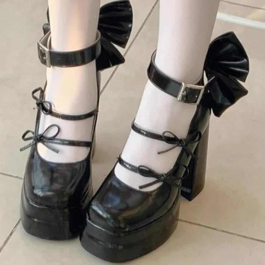 Retro Mary Jane Platform Shoes  Elegant Waterproof Big Bow Women's Heels