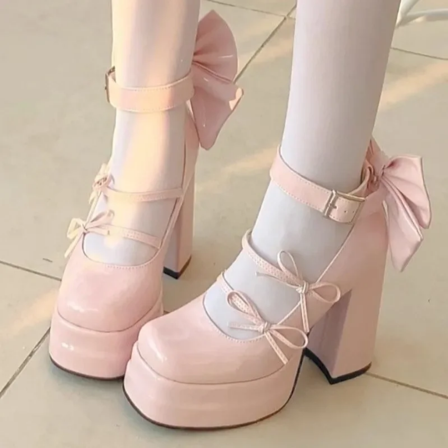 Retro Mary Jane Platform Shoes  Elegant Waterproof Big Bow Women's Heels