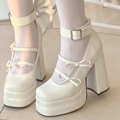 Retro Mary Jane Platform Shoes  Elegant Waterproof Big Bow Women's Heels