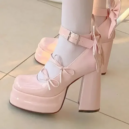 Retro Mary Jane Platform Shoes  Elegant Waterproof Big Bow Women's Heels