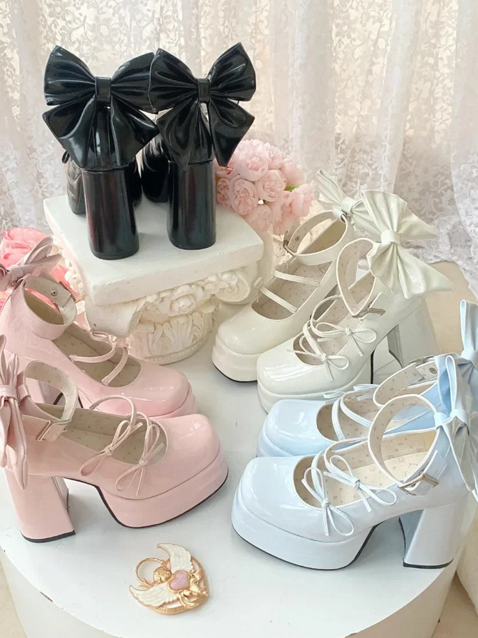 Retro Mary Jane Platform Shoes  Elegant Waterproof Big Bow Women's Heels