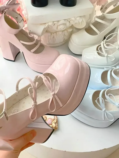 Retro Mary Jane Platform Shoes  Elegant Waterproof Big Bow Women's Heels