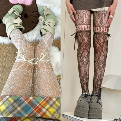 Y2K Lolita Lace Up Tights Classic Lace Mesh Hollow Out Stockings for Women
