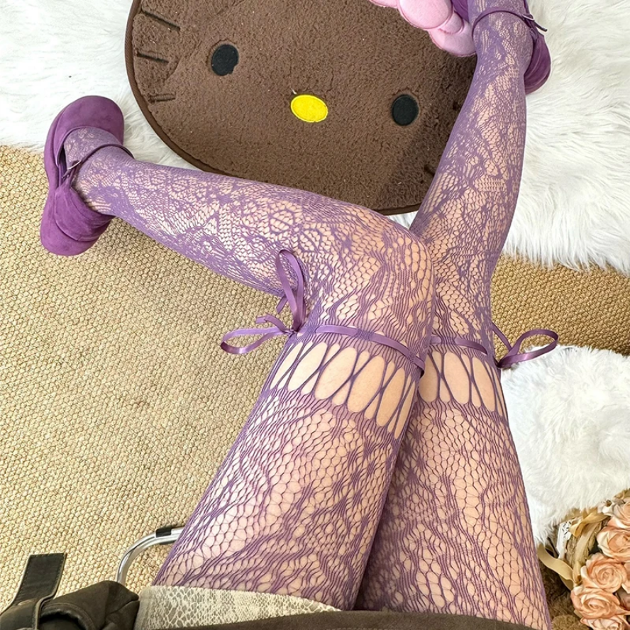 Y2K Lolita Lace Up Tights Classic Lace Mesh Hollow Out Stockings for Women