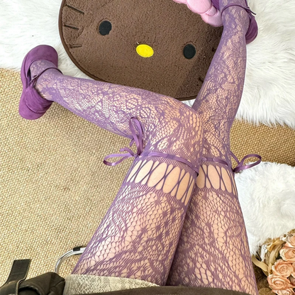 Y2K Lolita Lace Up Tights Classic Lace Mesh Hollow Out Stockings for Women