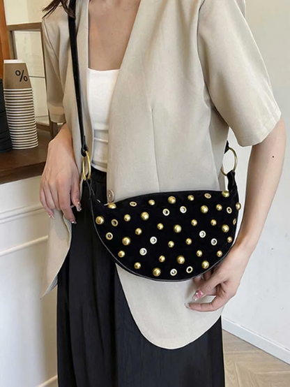 Studded Shoulder Bag - Rivet Crescent Bag with Edgy Hardware Details