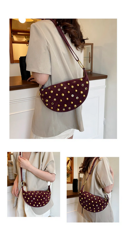 Studded Shoulder Bag - Rivet Crescent Bag with Edgy Hardware Details