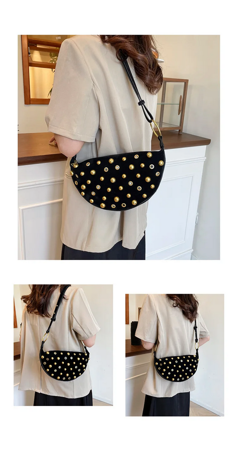 Studded Shoulder Bag - Rivet Crescent Bag with Edgy Hardware Details
