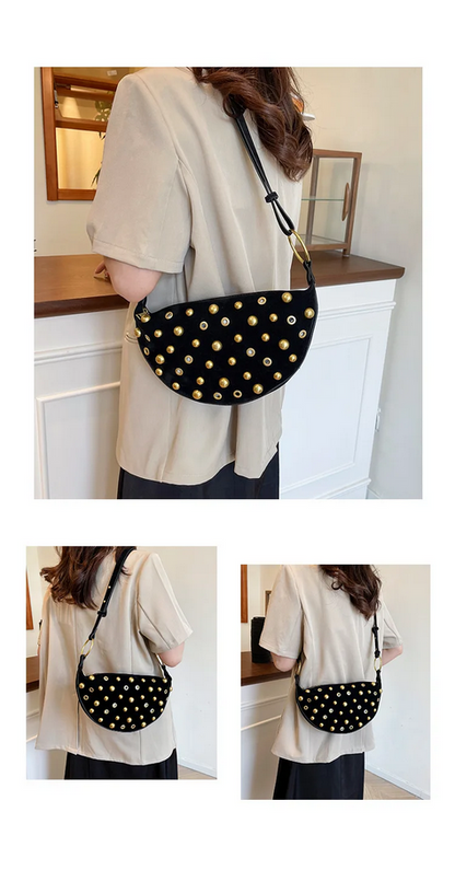 Studded Shoulder Bag - Rivet Crescent Bag with Edgy Hardware Details