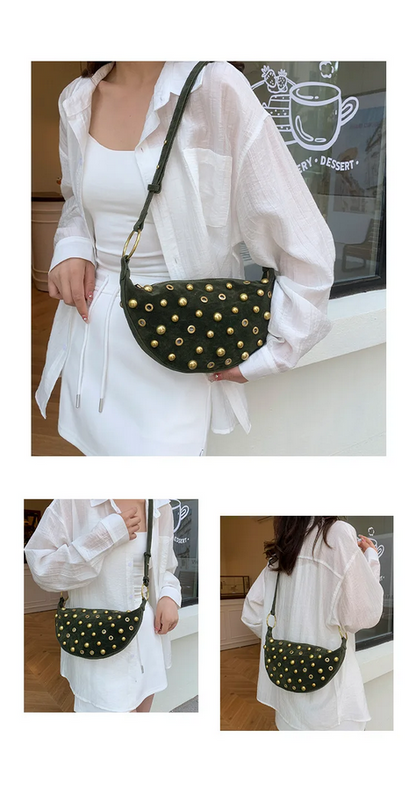 Studded Shoulder Bag - Rivet Crescent Bag with Edgy Hardware Details